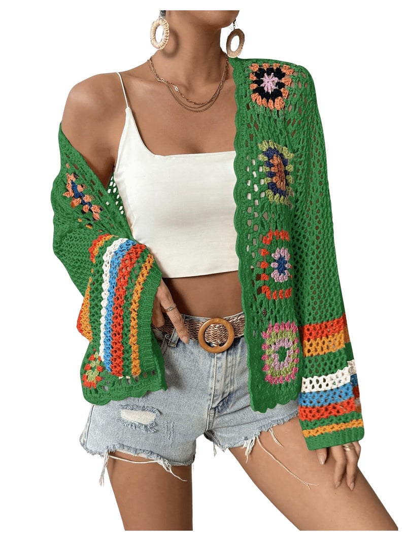SHENHE Women's Floral Crochet Cardigan Hollow Out Open Front Long Sleeve Cardigan Sweater Green M - Image 5
