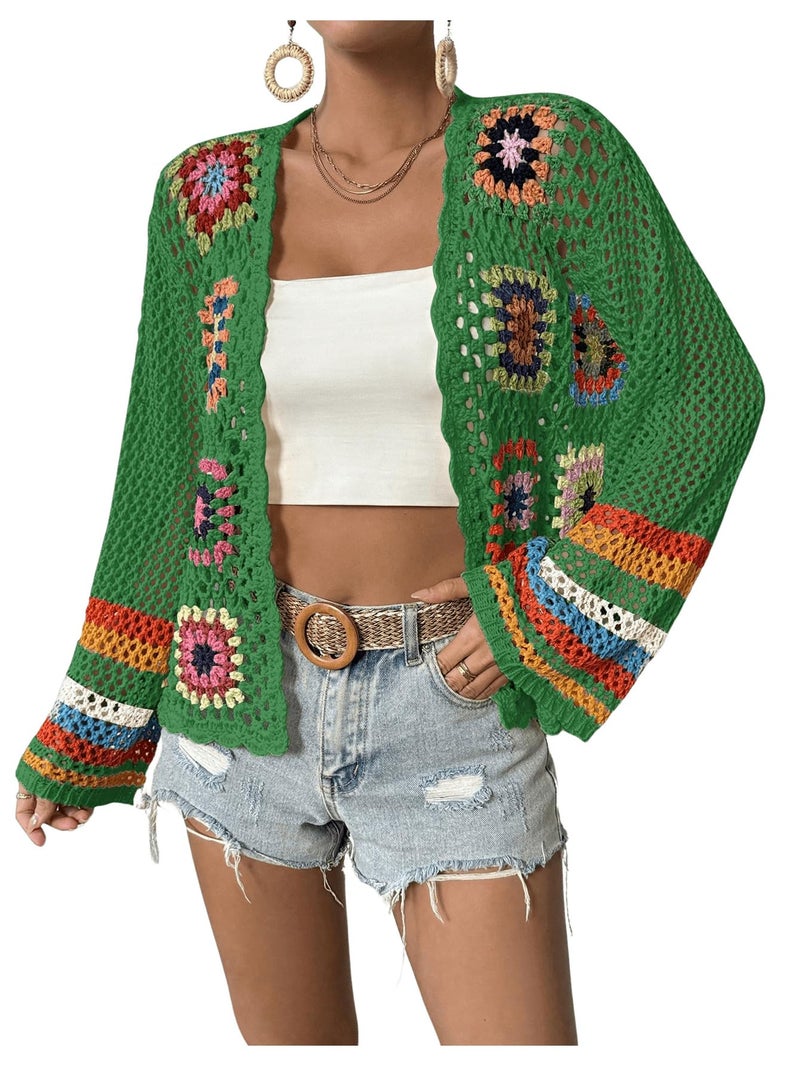SHENHE Women's Floral Crochet Cardigan Hollow Out Open Front Long Sleeve Cardigan Sweater Green M - Image 3
