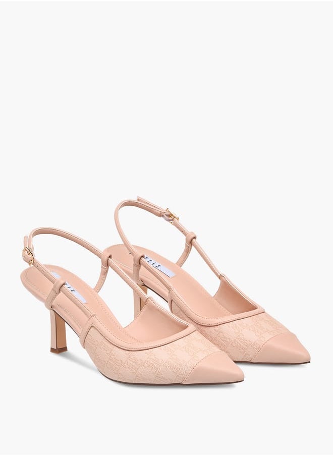 ELLE Women's Monogram Print Slingback Shoes with Buckle Closure and Kitten Heels  - Image 1