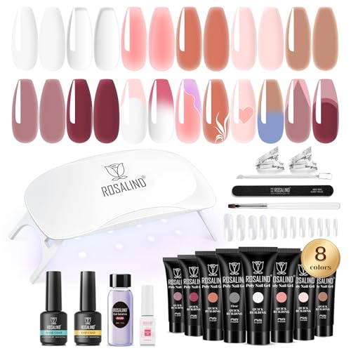 ROSALIND Poly Nail Gel Kit 8 Colors White Brown Accessories Clear Nude Christmas Poly Nails Gel Starter Kit With Slip Solution Nude Pink Extensions Set with Mini UV Lamp - Image 1
