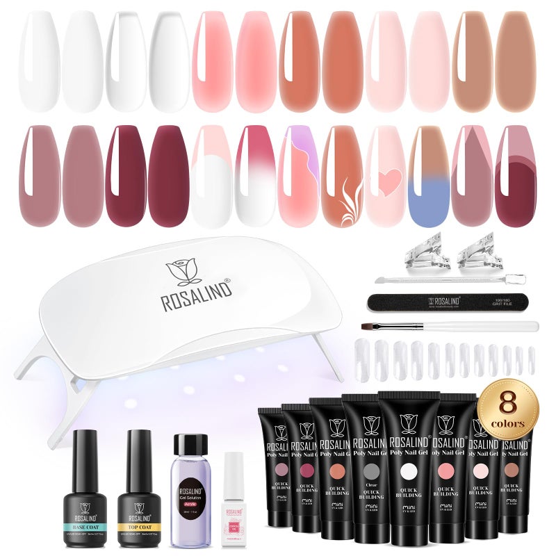 ROSALIND Poly Nail Gel Kit 8 Colors White Brown Accessories Clear Nude Christmas Poly Nails Gel Starter Kit With Slip Solution Nude Pink Extensions Set with Mini UV Lamp - Image 2