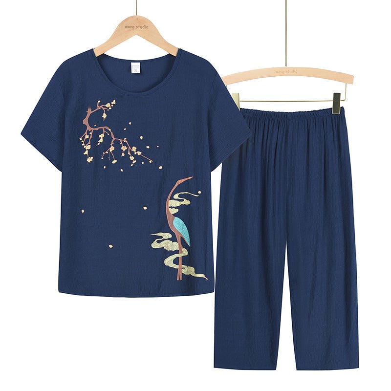 Middle-aged and Elderly Mothers Cotton and Linen Suit Old Ladys Short-sleeved Top Grandmas Summer Two-piece Set Middle-aged Clothes for Women Navy blue - Image 1