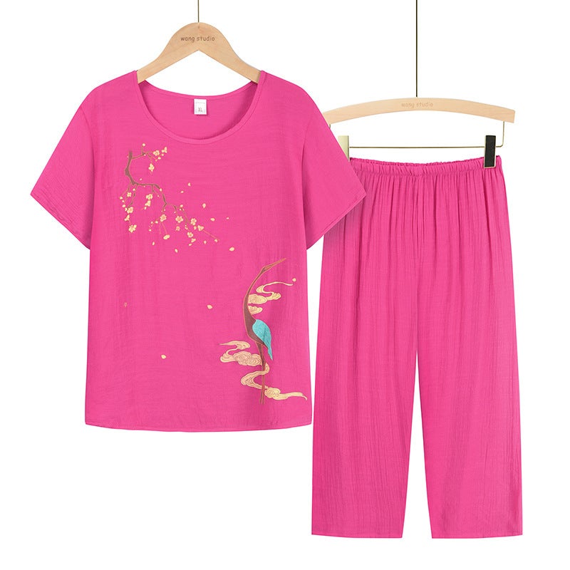 Middle-aged and Elderly Mothers Cotton and Linen Suit Old Ladys Short-sleeved Top Grandmas Summer Two-piece Set Middle-aged Clothes for Women Navy blue - Image 3