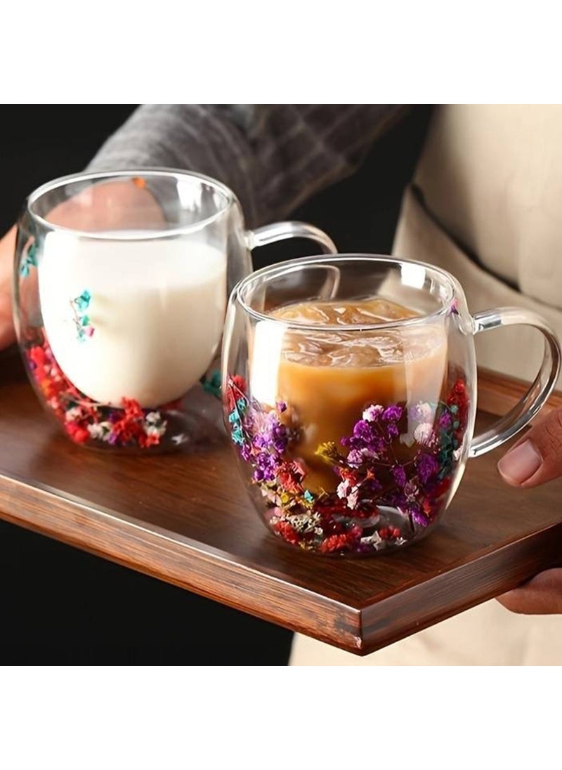 Bizimevde Double Walled 250ML Handled Glass Mug 2-Pack - Floral  - Image 3