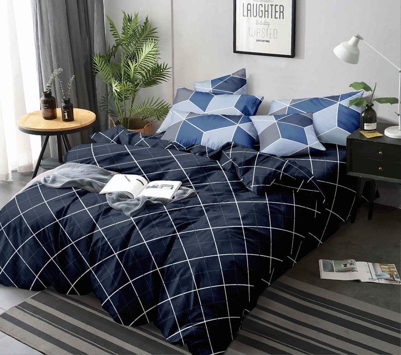 Magnetic Shadow Glace Cotton Check Lines Double Duvet/Quilt Cover (Queen , 90x100 inches, Blue ) - Image 4