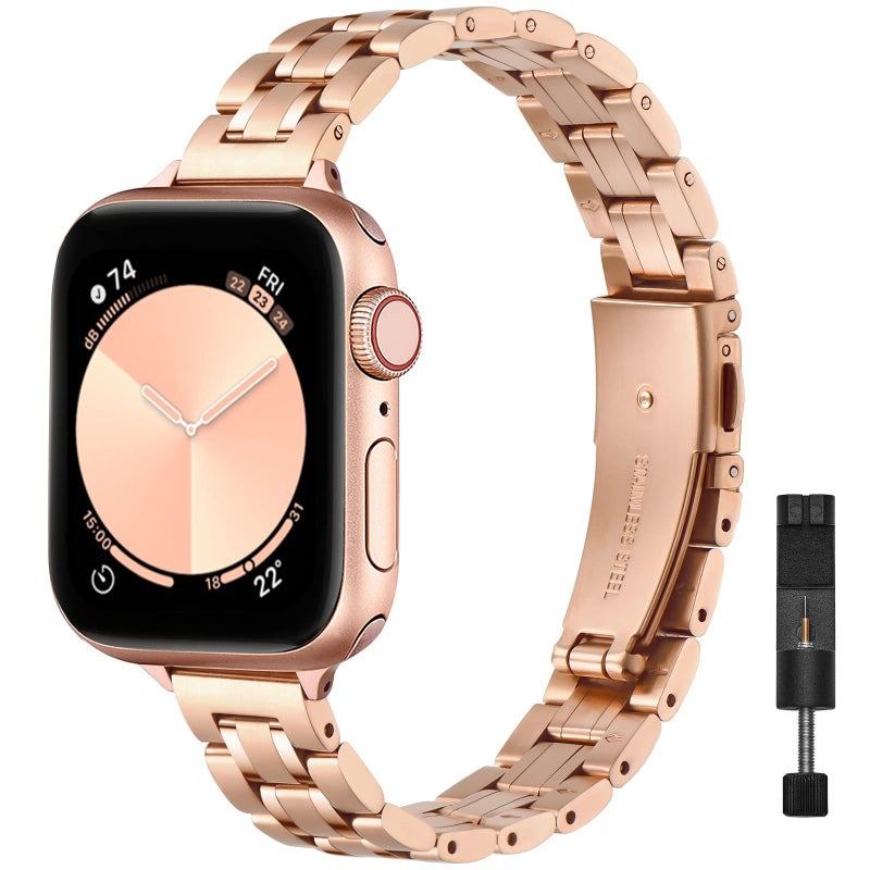 STIROLL Thin Replacement Band Compatible for Apple Watch 38mm 40mm 41mm 42mm(Series 11 10), Stainless Steel Metal Wristband Women Men for iWatch Ultra SE Series 9 8 7 6 5 4 3 2 1, Rose Gold - Image 1