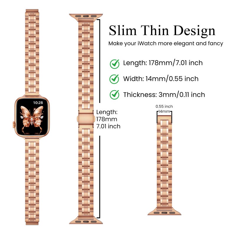 STIROLL Thin Replacement Band Compatible for Apple Watch 38mm 40mm 41mm 42mm(Series 11 10), Stainless Steel Metal Wristband Women Men for iWatch Ultra SE Series 9 8 7 6 5 4 3 2 1, Rose Gold - Image 3