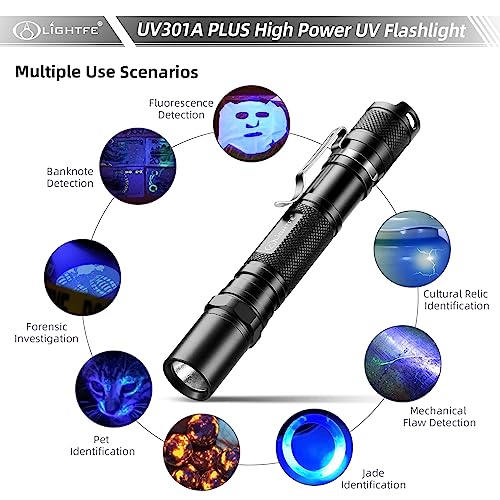 LIGHTFE Blacklight 395nm UV Flashlight UV301A-Plus with SSC UV LED, Pure Beam for UV Glue Curing Light, Rock and Mineral Fluorescent Glowing, Pet Urine Detector Light, AC Leak Detector - Image 4