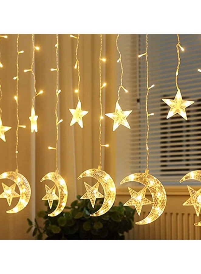 Pack of 2 pc each 138 LED Star Moon Curtain Decorative Lights, Window Curtain Fairy String with connecting Plug, 8 Lighting Modes for Home Ramadan Decoration Wedding Party, Warm White - Image 4