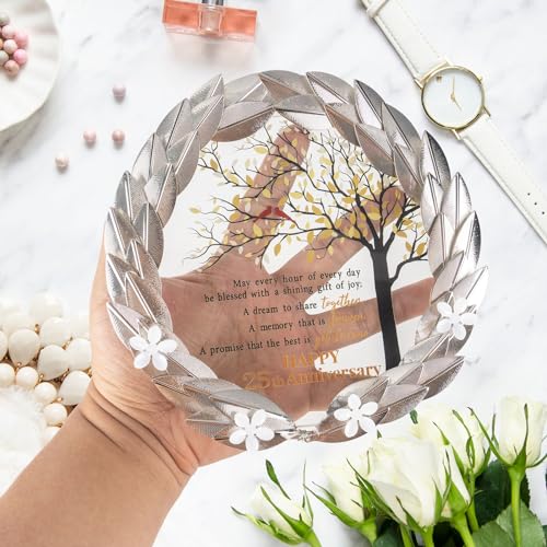 EVA murmure 25th Anniversary Wedding Gifts Crystal Plate with Gold Leaf Wreath - 25 Years Anniversary Wedding Unique Gifts Ideas for Parents Couple - Cardinal Style - Image 5