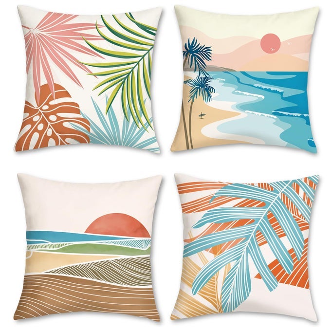 MODERN TROPICAL PILLOW COVERS 18X18 INCH SET OF 4 PALM LEAVES DECORATIVE PILLOWS CASE SOFT VELVET TROPICAL DECORATION FOR PATIO GARDEN BED HOME DECOR