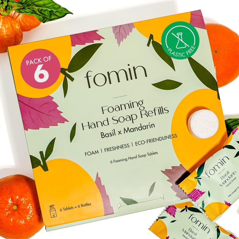 FOMIN أقراص صابون اليد الرغوي FOMIN (6 عد) - يصنع 48 أونصة سائلة (6 × 8 أونصة سائلة) - ريحان ماندرين - إعادة تعبئة صابون اليد الرغوي، أقراص صابون مستدامة لليدين - Image 1