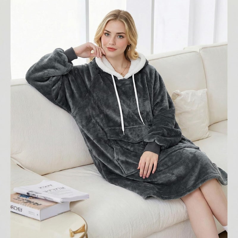 Qeils Wearable Blanket Hoodie for Women, Comfy Sherpa Sweatshirt Blanket as Birthday Christmas Gifts, Oversized Pullover Jacket Blanket Hoodie for Adult (Dark Grey, Adult) - Image 2