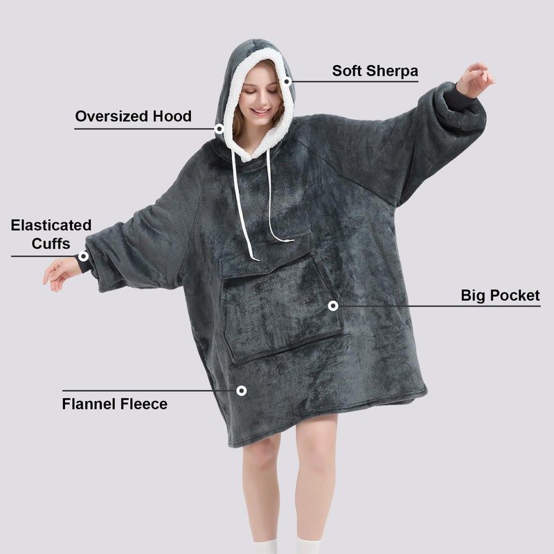 Qeils Wearable Blanket Hoodie for Women, Comfy Sherpa Sweatshirt Blanket as Birthday Christmas Gifts, Oversized Pullover Jacket Blanket Hoodie for Adult (Dark Grey, Adult) - Image 4