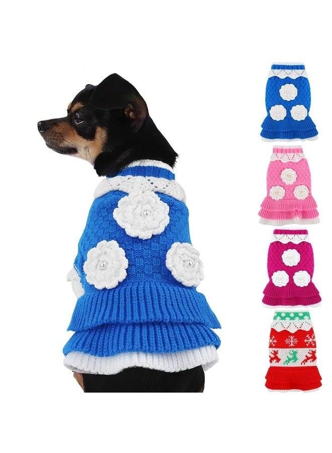 Joytale Small Dog Sweater Turtleneck Dress, Soft Warm Winter Pet Cable Knitwear Clothes with Cute Flower, Girl Boy Dog Pullover Knitted Sweaters for Kittens Puppies Extra Small Dogs, Blue - Image 1