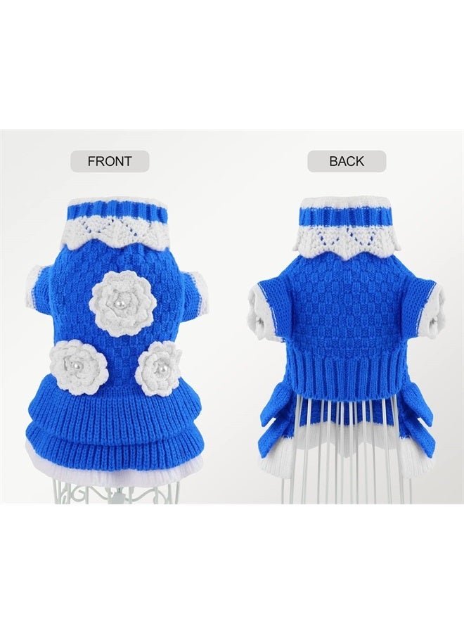 Joytale Small Dog Sweater Turtleneck Dress, Soft Warm Winter Pet Cable Knitwear Clothes with Cute Flower, Girl Boy Dog Pullover Knitted Sweaters for Kittens Puppies Extra Small Dogs, Blue - Image 3