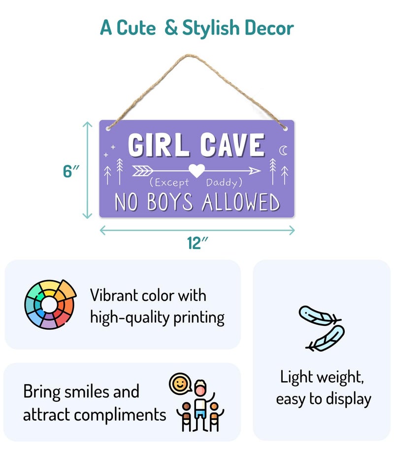 Fun-Plus Girl Cave Sign, 12″x6″ PVC Plastic Wall Decoration Hanging Sign, High Precision Printing, Water Proof, Girls Only Room Decor, No Boys Allowed Except Daddy for Girls Bedroom - Image 2