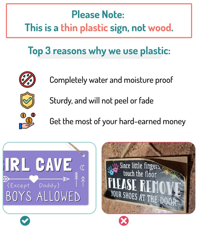 Fun-Plus Girl Cave Sign, 12″x6″ PVC Plastic Wall Decoration Hanging Sign, High Precision Printing, Water Proof, Girls Only Room Decor, No Boys Allowed Except Daddy for Girls Bedroom - Image 3
