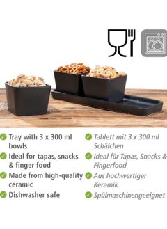 Wenko WENKO Snack & Dip Bowls Set, 4 Pieces, Small Tray with 3 x 300 ml Bowls Made of High-Quality Ceramic, Black  - Image 2