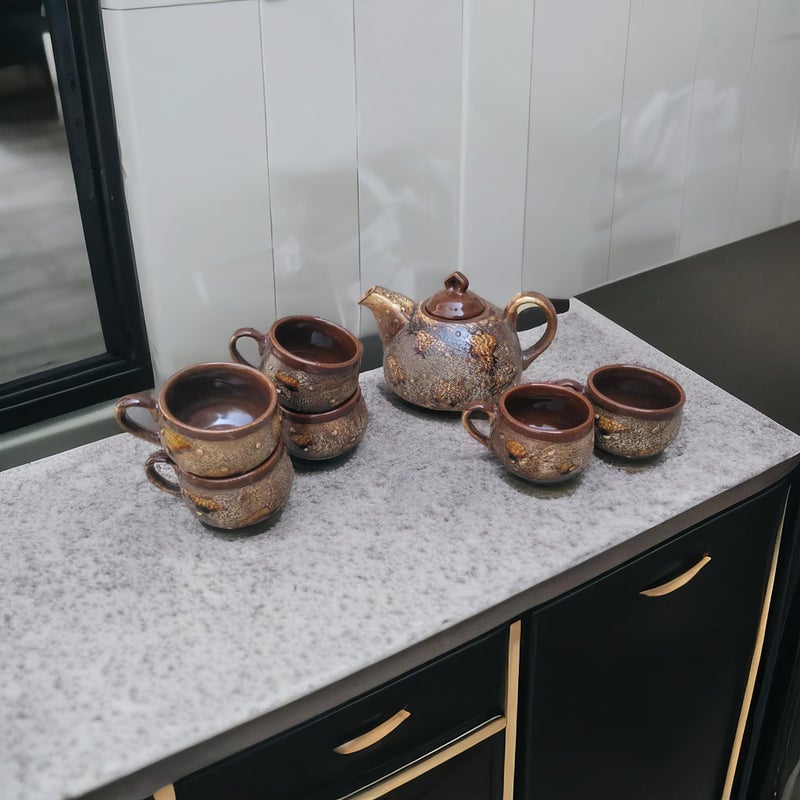 MALAIKAH Ceramic Dark Brown Tea Cup Set of 6 with Kettle - for Tea, Cold & Hot Drink, Microwave and Dishwasher Safe, Ideal Gift for Birthday, Anniversary, Tea Lover, Family (C- 150ML) (K - 1Ltr) - Image 1