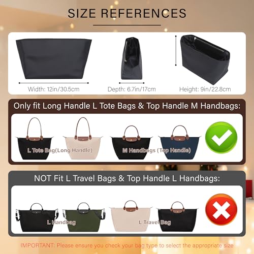 OAikor Soft Nylon Purse Organizer Insert for Longchamp Le Pliage L Tote Bag,Lightweight Luxury Long Champ Large Tote Divider Shaper with Cup Holder,Zipper Bags Inner Linner with 7 Deepened Pockets,L/Black - Image 2