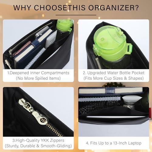 OAikor Soft Nylon Purse Organizer Insert for Longchamp Le Pliage L Tote Bag,Lightweight Luxury Long Champ Large Tote Divider Shaper with Cup Holder,Zipper Bags Inner Linner with 7 Deepened Pockets,L/Black - Image 5