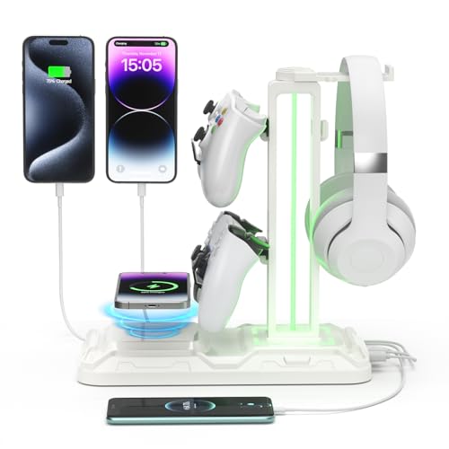 KDD RGB Headphone Controller Stand with Wireless Charging Rotatable Headset Stand with 9 Light Modes Controller Holder with 2 USB and Type C Ports for Gamers Desktop AccessoriesWhite - Image 1