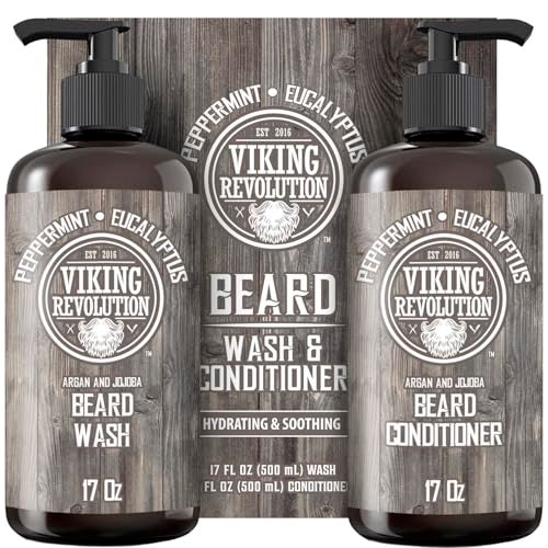 Viking Revolution Beard Wash Conditioner Set wArgan Jojoba Oils Softens Smooths Strengthens Beard Growth Natural Peppermint and Eucalyptus Scent Shampoo 17 oz