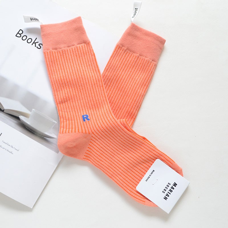 Korean DONGDAEMUN MARIAN Fashion Letter R Cotton Socks for Women Autumn/Winter 2-lotus root pink blue r 