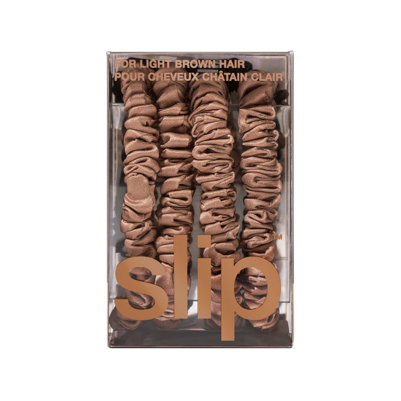 slip Silk Skinny Scrunchies - Light Brown | Set of 4 Skinny Scrunchies | 100% Mulberry Silk, Anti-Crease, Gentle on Hair, Reduces Breakage | Stylish & Durable, Ideal for All Hair Types - Image 3