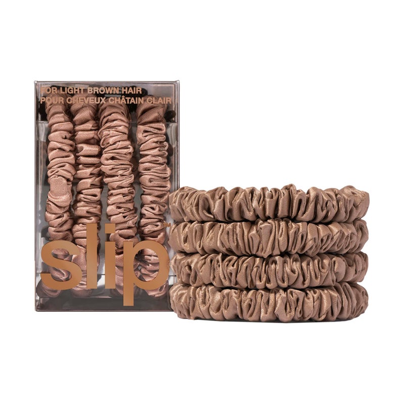 slip Silk Skinny Scrunchies - Light Brown | Set of 4 Skinny Scrunchies | 100% Mulberry Silk, Anti-Crease, Gentle on Hair, Reduces Breakage | Stylish & Durable, Ideal for All Hair Types - Image 1