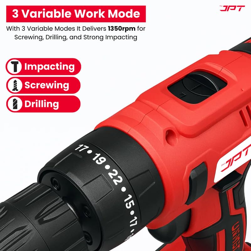 JPT Heavy-Duty 21V Impact Cordless Drill Machine | 28N.M Torque | 0-1350RPM Speed | 25+3 Gears Setting | 2 Speed Modes | Bright LED Light | Forward & Reverse | 1500mAh Battery | Fast Charger - Image 4