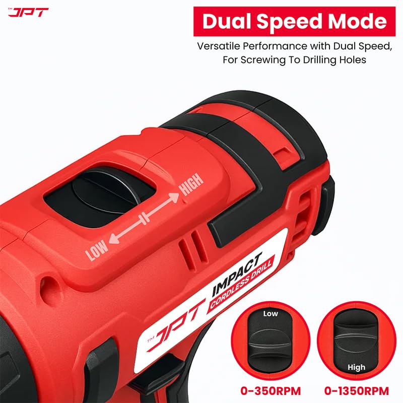 JPT Heavy-Duty 21V Impact Cordless Drill Machine | 28N.M Torque | 0-1350RPM Speed | 25+3 Gears Setting | 2 Speed Modes | Bright LED Light | Forward & Reverse | 1500mAh Battery | Fast Charger - Image 5