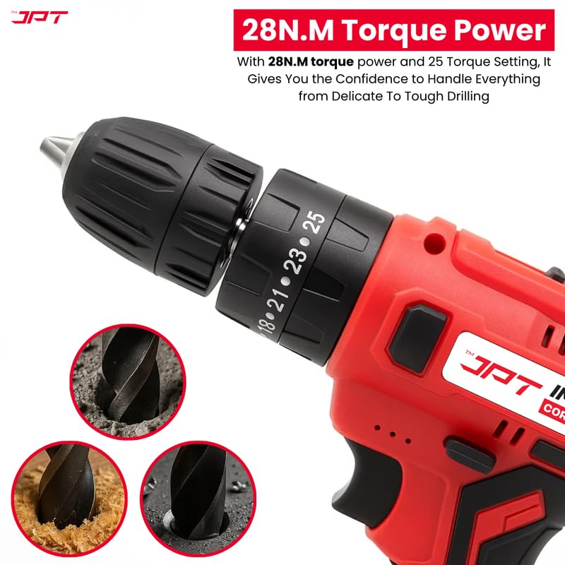 JPT Heavy-Duty 21V Impact Cordless Drill Machine | 28N.M Torque | 0-1350RPM Speed | 25+3 Gears Setting | 2 Speed Modes | Bright LED Light | Forward & Reverse | 1500mAh Battery | Fast Charger - Image 2