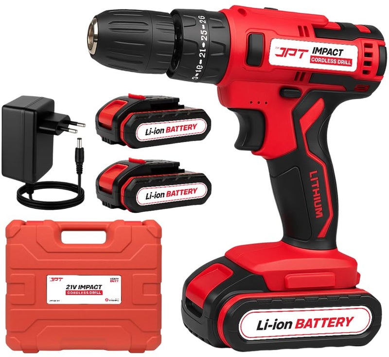 JPT Heavy-Duty 21V Impact Cordless Drill Machine | 28N.M Torque | 0-1350RPM Speed | 25+3 Gears Setting | 2 Speed Modes | Bright LED Light | Forward & Reverse | 1500mAh Battery | Fast Charger - Image 3