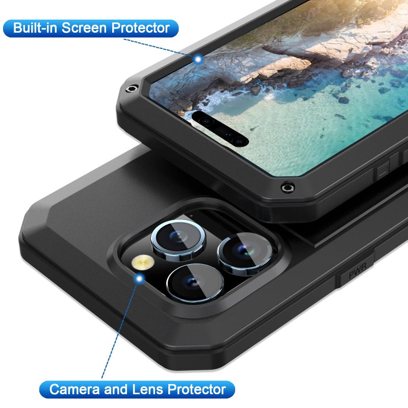 Marrkey for iPhone 13 Pro Max Case,360 Full Body Protective Cover Heavy Duty Shockproof Tough Armour Aluminum Metal Case with Silicone Built-in Screen Protector for iPhone 13 Pro Max 6.7" - Black - Image 3