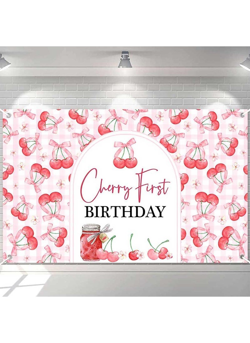Ticuenicoa Ticuenicoa Cherry First Birthday Banner  Cherry Themed Happy Birthday Photography Background Cartoon Fruit Backdrop for Baby Shower  1st Birthday Party Supplies 708x433 Inches  - Image 1
