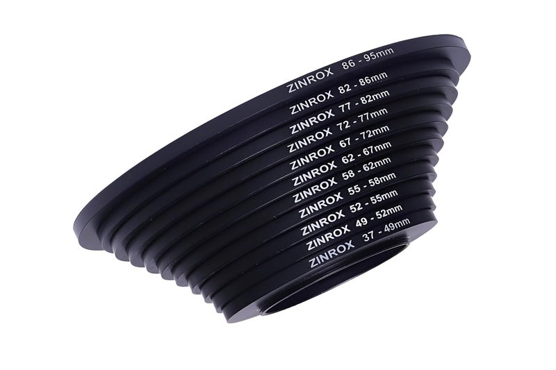 ZINROX® Stepping up ' Made in India', Set of 11pcs, Sizes: 37-49mm, 49-52mm, 52-55mm, 55-58mm, 58-62mm, 62-67mm, 67-72mm, 72-77mm, 77-82 mm, 82-86mm, 86-95mm, Step Up Ring Set (37-95mm) - Image 1