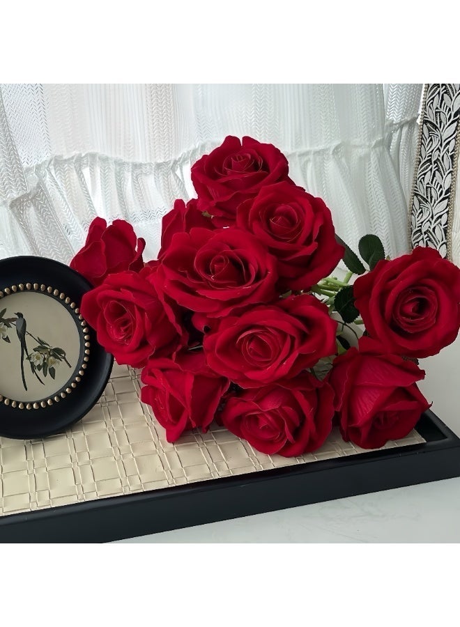 10-Piece Red Rose Artificial Bouquet - Realistic Silk Flowers for Home Decor & Romantic Gifts - Image 2