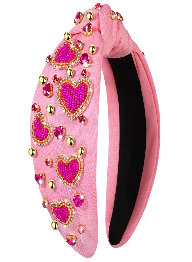 NVENF Valentine’s Day Headband for Women Love Heart Headband Jeweled Crystal Rhinestone Knotted Headband Red Pink Wide Top Knot Headband Valentine’s Day Hair Accessories Gifts (Heart 2) - Image 1