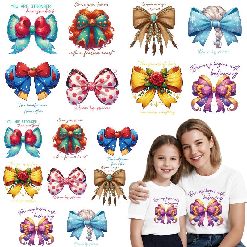 RiVolTa Princess Bow Iron on Transfers - 16 Sheets Colorful DTF Ready to Press Heat Patches Coquetteee Stickers Vinyl Decals Appliques for T Shirts Women Girls Clothing Clothes DIY Craft Decorations - Image 1