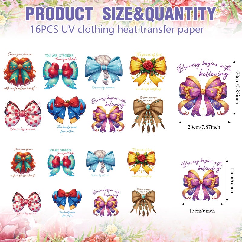 RiVolTa Princess Bow Iron on Transfers - 16 Sheets Colorful DTF Ready to Press Heat Patches Coquetteee Stickers Vinyl Decals Appliques for T Shirts Women Girls Clothing Clothes DIY Craft Decorations - Image 2