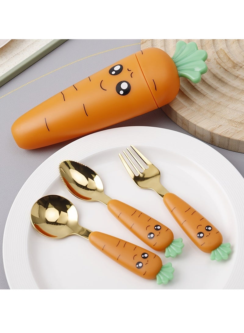 4pcs Cute Carrot-Shaped Stainless Steel Travel Utensil Set with Storage Box - Perfect for Camping, Lunches, and On-the-Go Meals - Image 1