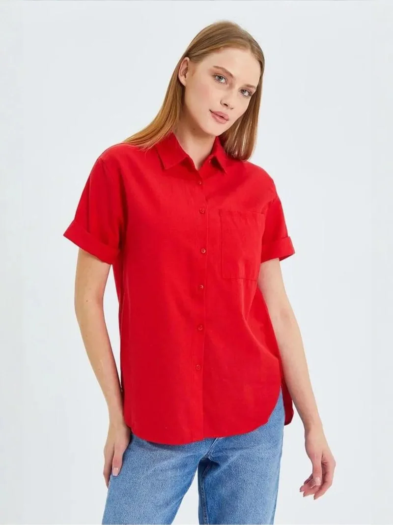 Mixray Red MIXRAY Short Sleeve Shirt with Pockets for Women | Best Price UAE