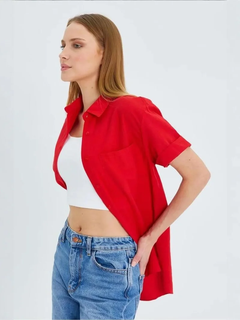 Mixray Red MIXRAY Short Sleeve Shirt with Pockets for Women | Best Price UAE