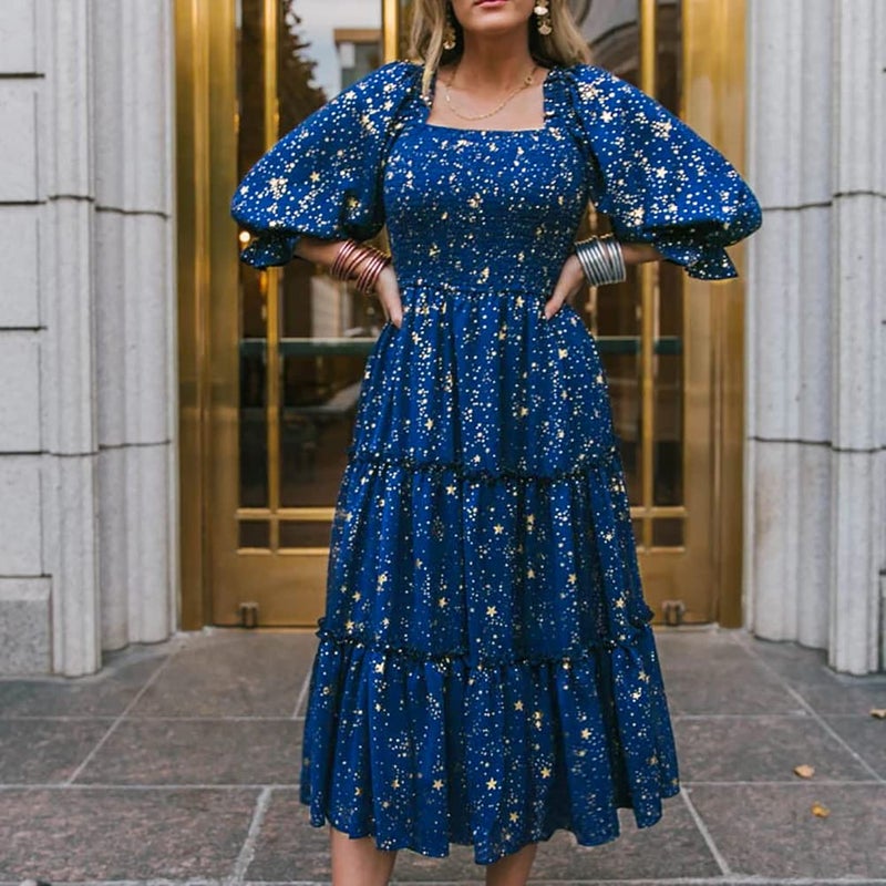 AWIBMK Mommy and Me Matching Dresses Floral Printed Ruffled Short Lantern Sleeves A-Line Long Dress Hidden Back Zipper Closure Summer Mom Daughter Matching Outfits Blue Stars Large - Image 2