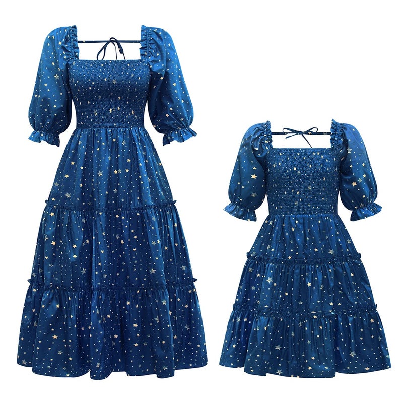 AWIBMK Mommy and Me Matching Dresses Floral Printed Ruffled Short Lantern Sleeves A-Line Long Dress Hidden Back Zipper Closure Summer Mom Daughter Matching Outfits Blue Stars Large - Image 1
