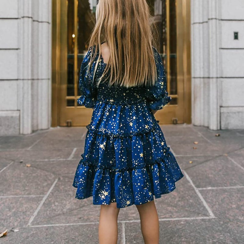 AWIBMK Mommy and Me Matching Dresses Floral Printed Ruffled Short Lantern Sleeves A-Line Long Dress Hidden Back Zipper Closure Summer Mom Daughter Matching Outfits Blue Stars Large - Image 5