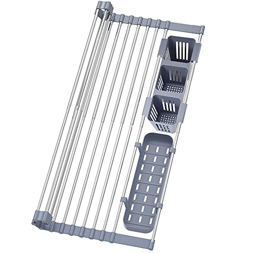 BBXTYLY Expandable Roll Up Dish Drying Rack Up to 22.8''with 2 Storage Baskets,Over The Sink Kitchen Rolling up Dish Drainer Drying Rack, Foldable,Rollable,for Kitchen Dishes(Expandable Width Size) - Image 1