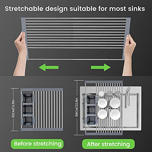 BBXTYLY Expandable Roll Up Dish Drying Rack Up to 22.8''with 2 Storage Baskets,Over The Sink Kitchen Rolling up Dish Drainer Drying Rack, Foldable,Rollable,for Kitchen Dishes(Expandable Width Size) - Image 3